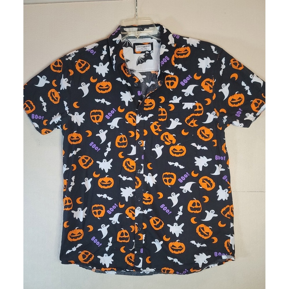 Halloween shirt button up large punkins ghosts bats moons cotton mens or womans